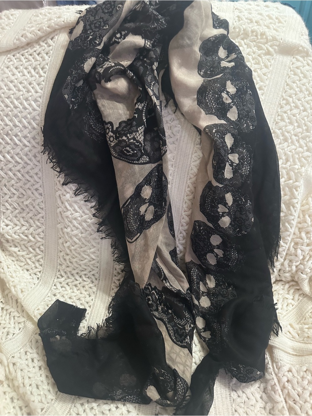 Black and Cream Skull Lace Wrap Scarf - Women's Accessory